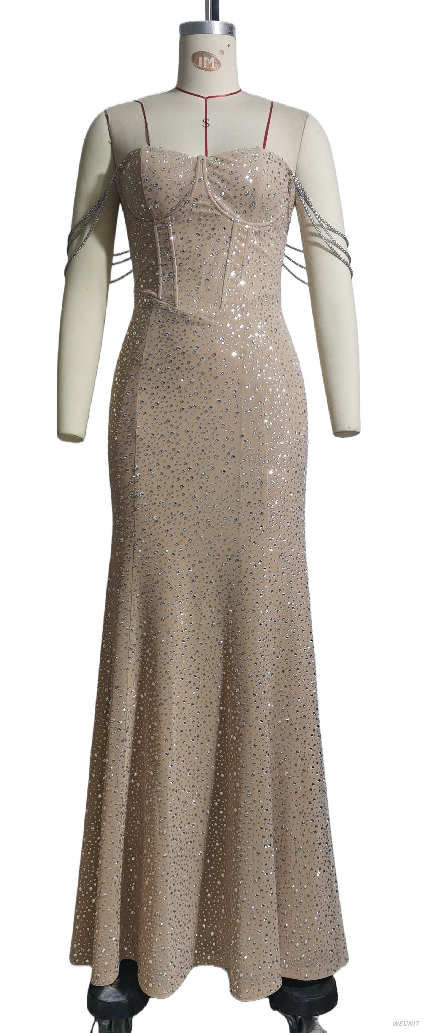 Sparkling Hot-fix Rhinestones Mermaid Evening Gown with Chain-Embellished Straps