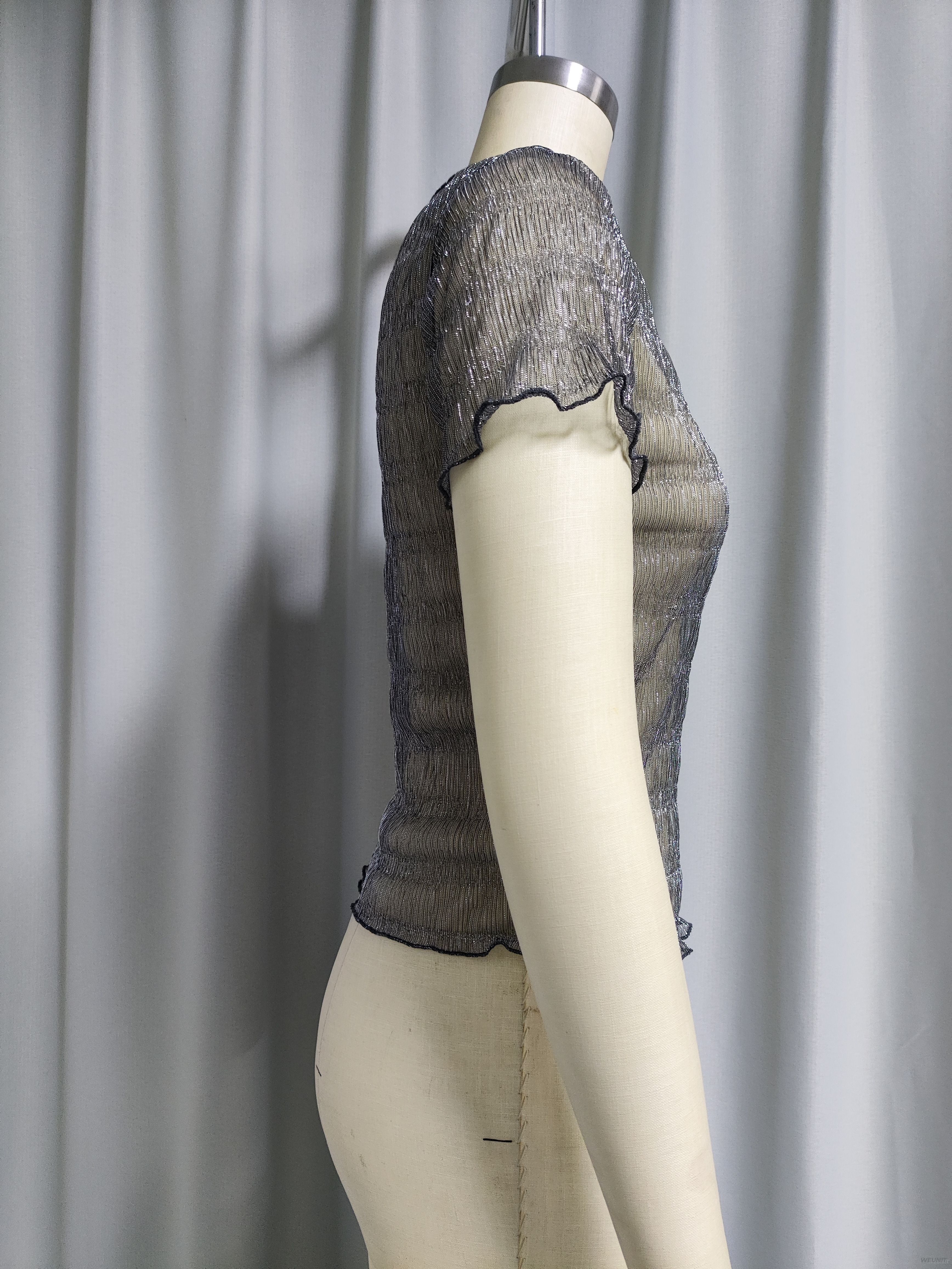 Sheer Sparkle Ruffled Short-Sleeve Crop Top