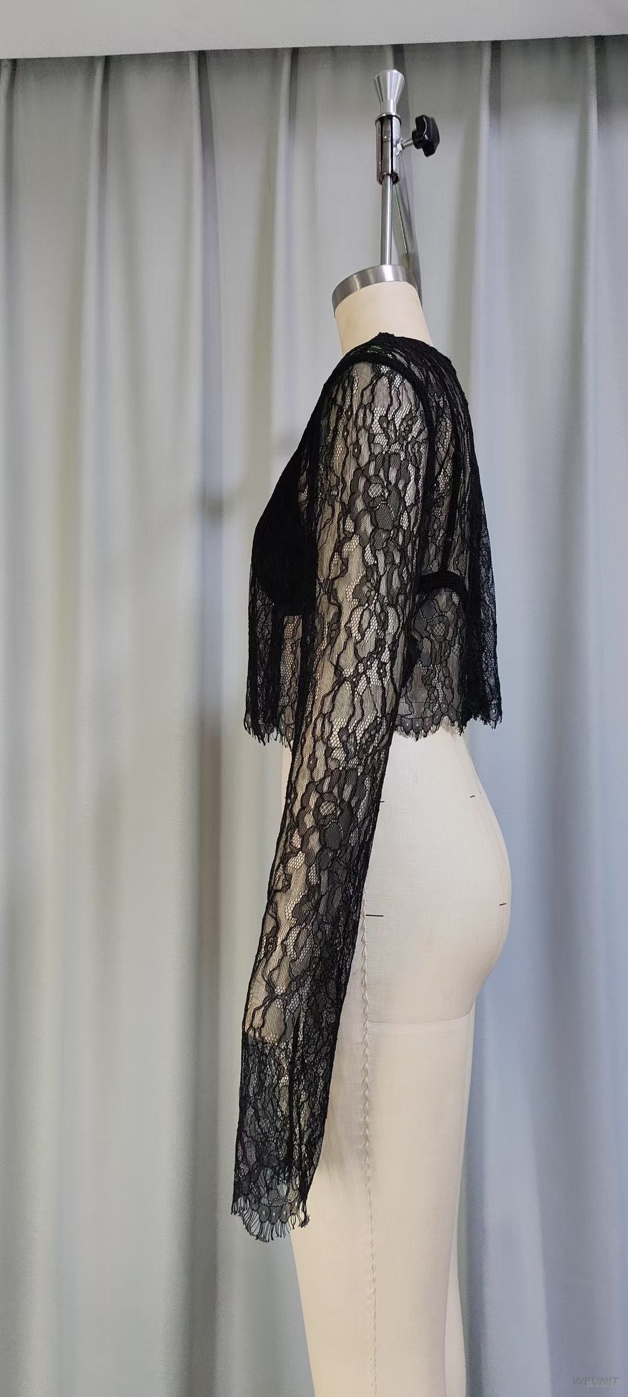 Women's Sheer Long-Sleeve Lace Crop Top with Built-in Bra
